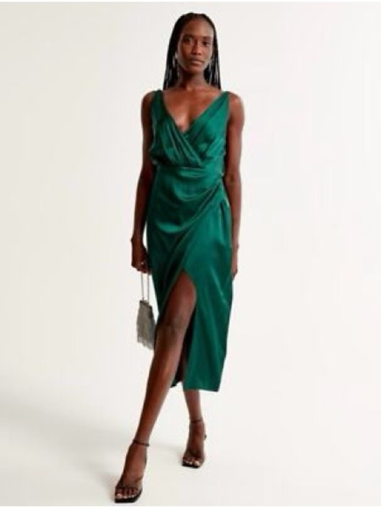 Abercrombie & Fitch Dresses & Skirts - Abercrombie & Fitch Deep Emerald Satin Wrap Midi Dress